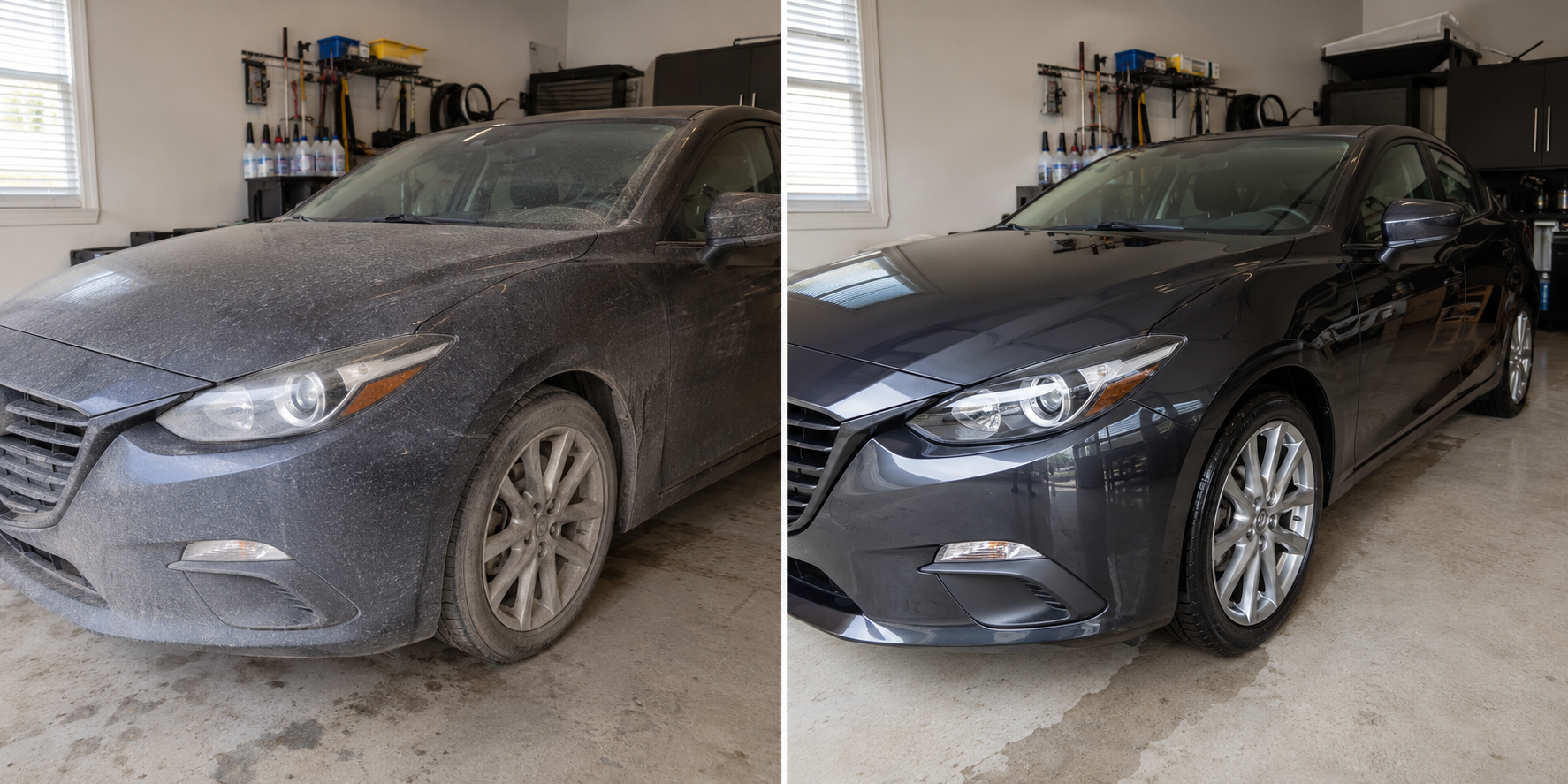 The same car before and after exterior detailing