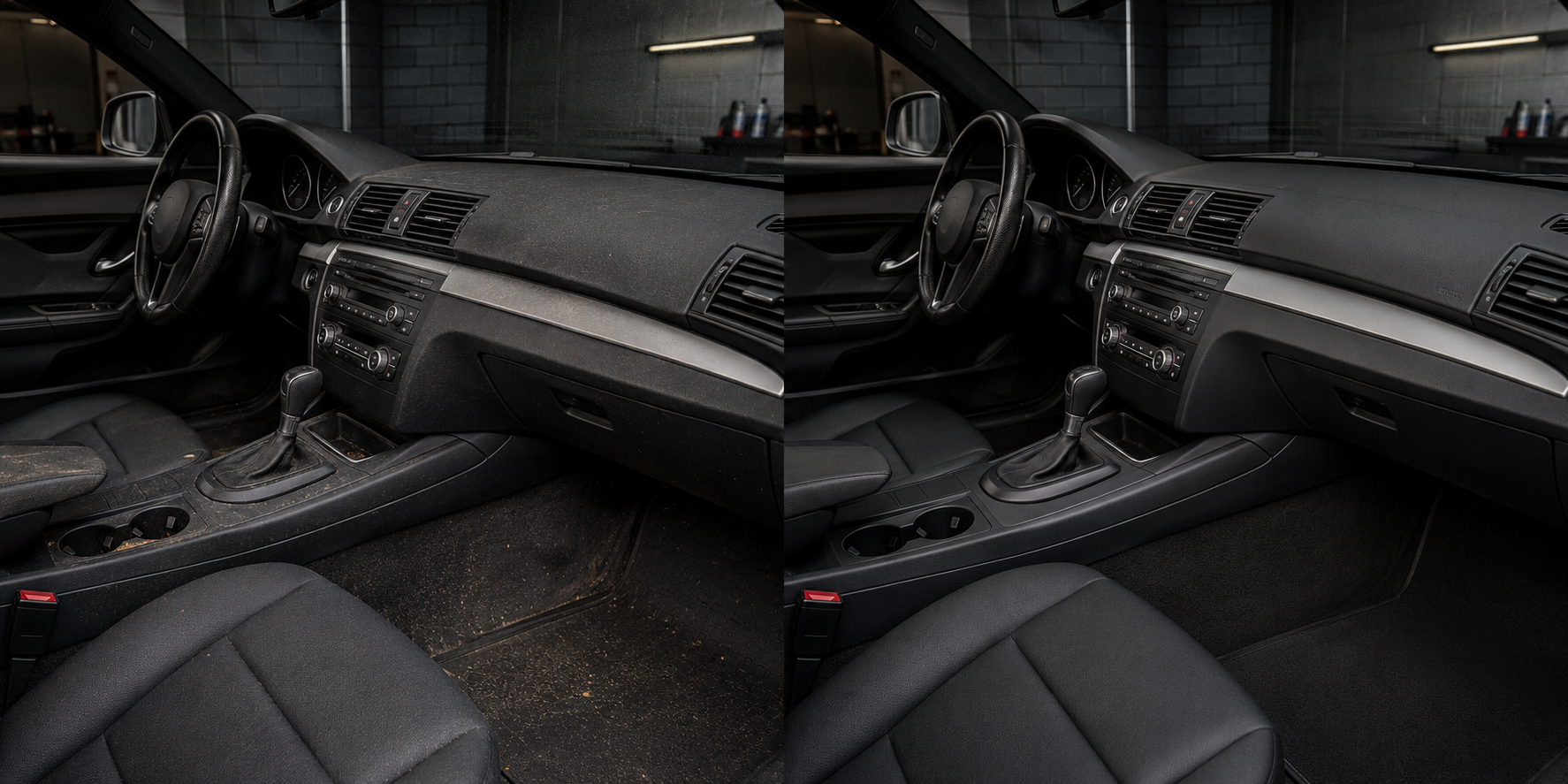 The same car interior before and after detailing