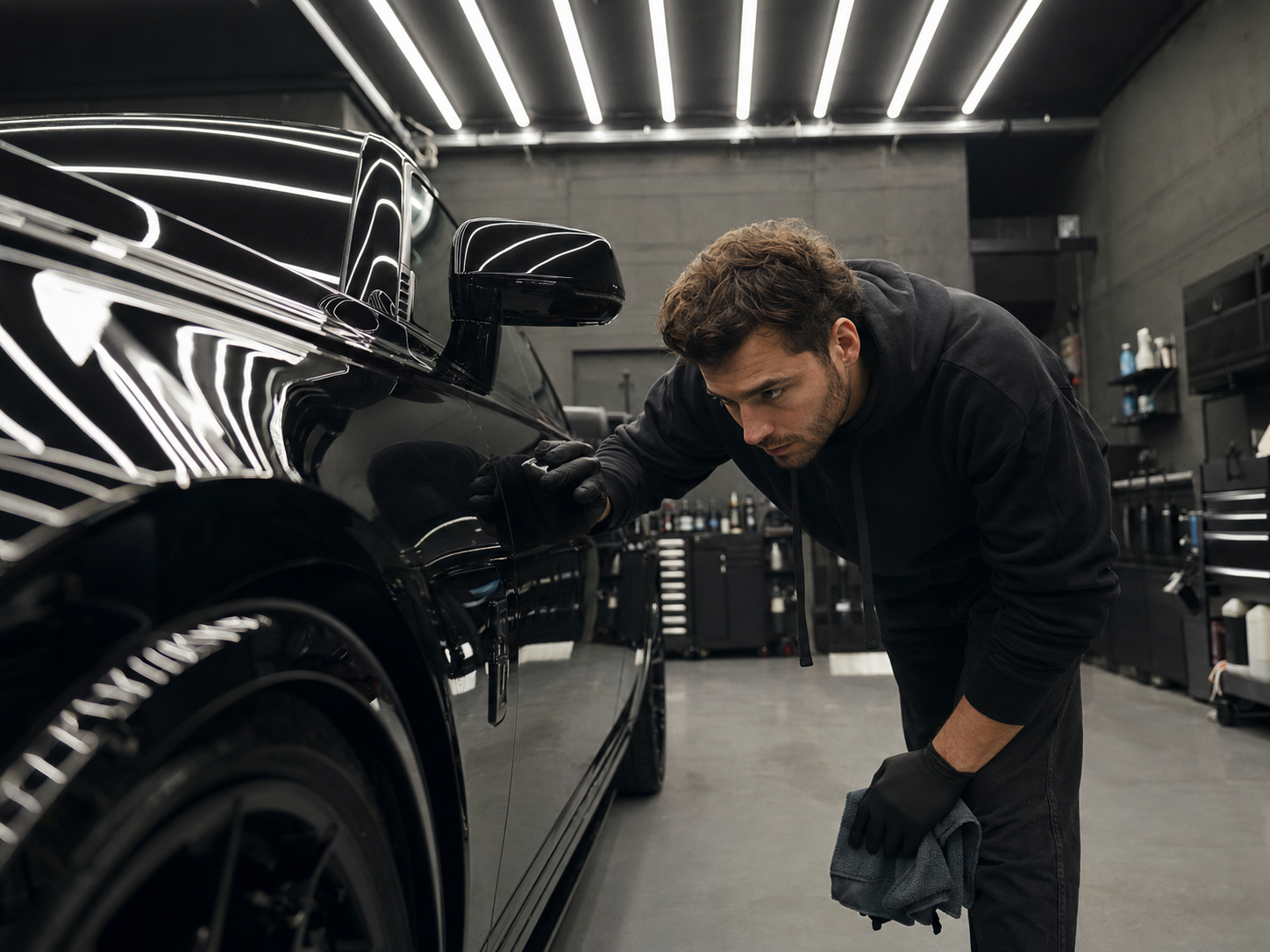 Detailer inspecting the finish on a black car
